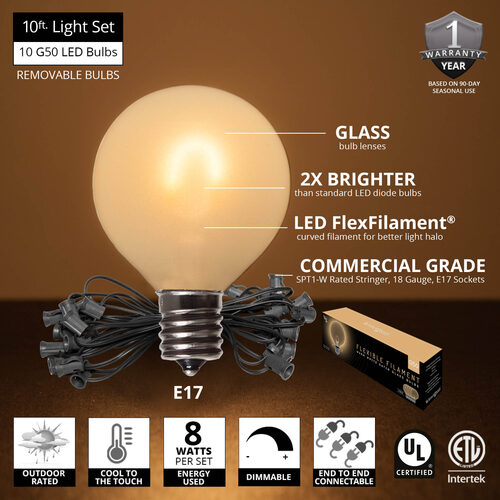 Warm White FlexFilament TM Satin LED Patio String Light Set with G50 Bulbs on Black Wire, E17 Base