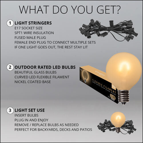 Warm White FlexFilament TM Satin LED Patio String Light Set with G50 Bulbs on Black Wire, E17 Base