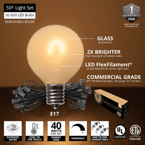Warm White FlexFilament TM Satin LED Patio String Light Set with G50 Bulbs on Black Wire, E17 Base
