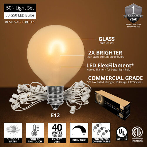 Warm White FlexFilament TM Satin LED Patio String Light Set with G50 Bulbs on White Wire, E12 Base