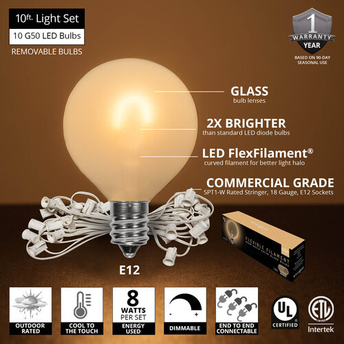 Warm White FlexFilament TM Satin LED Patio String Light Set with G50 Bulbs on White Wire, E12 Base