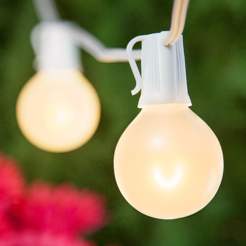 Warm White FlexFilament TM Satin LED Patio String Light Set with G50 Bulbs on White Wire, E12 Base