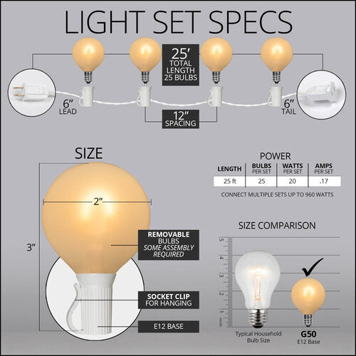 Warm White FlexFilament TM Satin LED Patio String Light Set with G50 Bulbs on White Wire, E12 Base