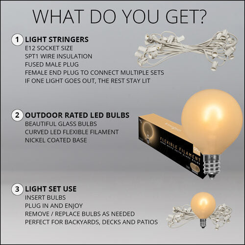 Warm White FlexFilament TM Satin LED Patio String Light Set with G50 Bulbs on White Wire, E12 Base
