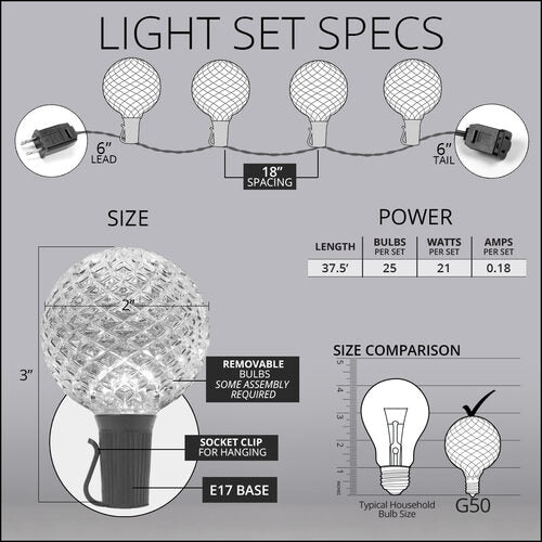 Warm White OptiCore LED Patio String Light Set with G50 Bulbs on Black Wire, E17 Base