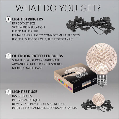 Warm White OptiCore LED Patio String Light Set with G50 Bulbs on Black Wire, E17 Base