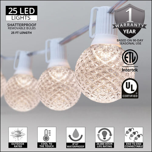 Warm White OptiCore LED Patio String Light Set with G50 Bulbs on White Wire, E12 Base