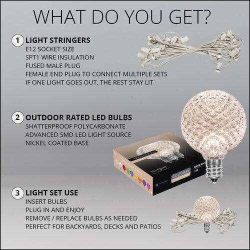 Warm White OptiCore LED Patio String Light Set with G50 Bulbs on White Wire, E12 Base