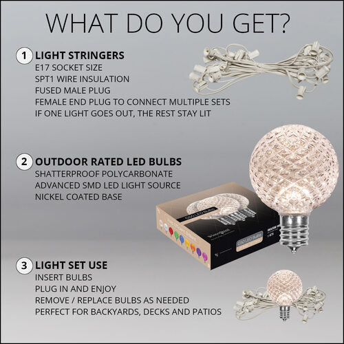 Warm White OptiCore LED Patio String Light Set with G50 Bulbs on White Wire, E17 Base