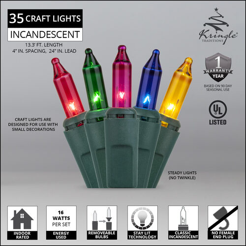 35 Multi Color Craft Lights, Green Wire, 4" Spacing