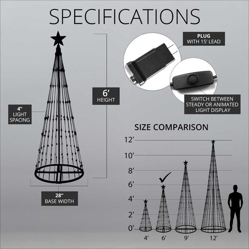 Cool White LED Animated Outdoor Lightshow Tree, Black Frame
