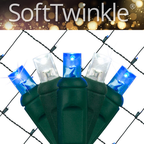 4' 6' 5mm Blue, Cool White SoftTwinkle 5mm LED Christmas Net Lights, 70 Lights on Green Wire