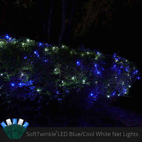4' 6' 5mm Blue, Cool White SoftTwinkle 5mm LED Christmas Net Lights, 70 Lights on Green Wire