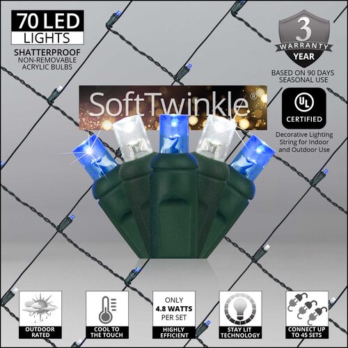 4' 6' 5mm Blue, Cool White SoftTwinkle 5mm LED Christmas Net Lights, 70 Lights on Green Wire