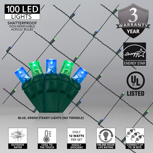 4' 6' 5mm Blue, Green 5mm LED Christmas Net Lights, 100 Lights on Green Wire