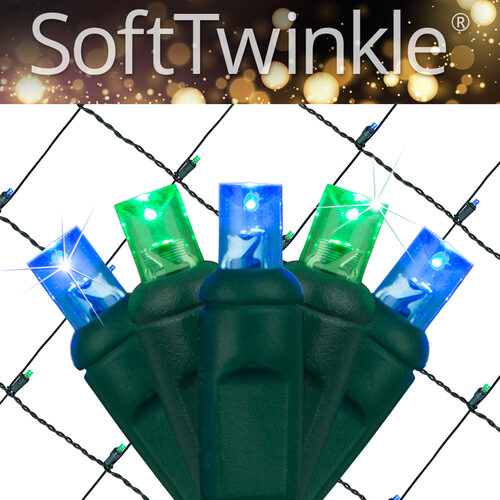 4' 6' 5mm Blue, Green SoftTwinkle 5mm LED Christmas Net Lights, 70 Lights on Green Wire