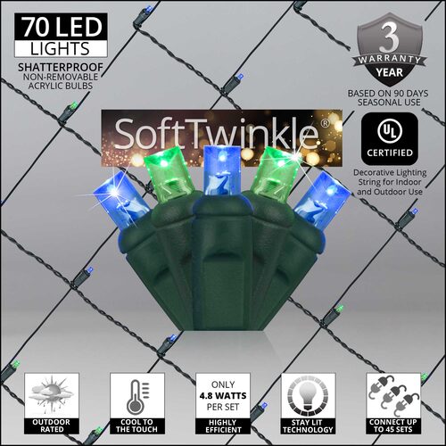 4' 6' 5mm Blue, Green SoftTwinkle 5mm LED Christmas Net Lights, 70 Lights on Green Wire
