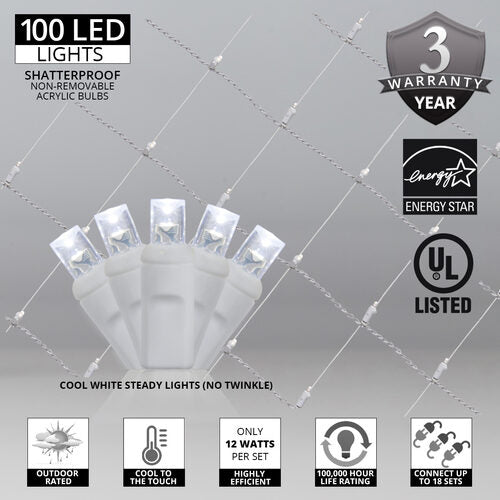 4' 6' 5mm Cool White 5mm LED Christmas Net Lights, 100 Lights on White Wire