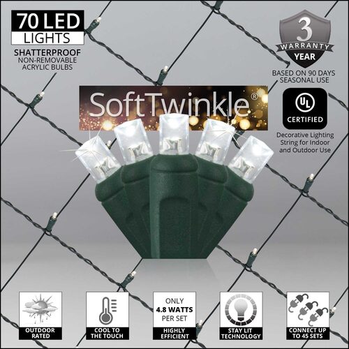 4' 6' 5mm Cool White SoftTwinkle 5mm LED Christmas Net Lights, 70 Lights on Green Wire