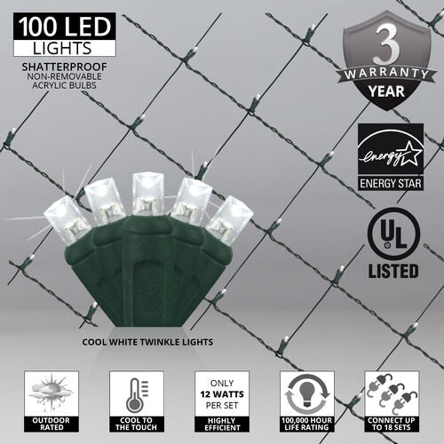 4' 6' 5mm Cool White Twinkle 5mm LED Christmas Net Lights, 100 Lights on Green Wire