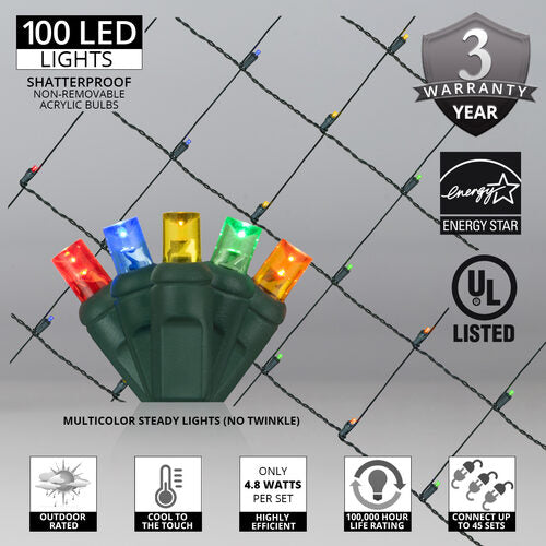 4' 6' 5mm Multicolor 5mm LED Christmas Net Lights, 100 Lights on Green Wire