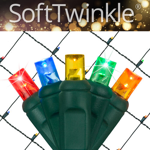 4' 6' 5mm Multicolor SoftTwinkle 5mm LED Christmas Net Lights, 70 Lights on Green Wire