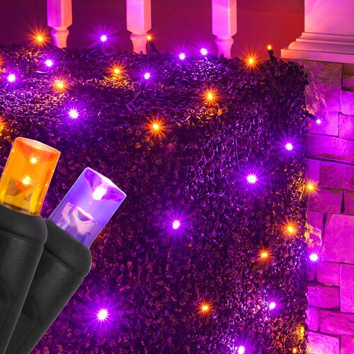 4' 6' 5mm Purple, Orange 5mm LED Christmas Net Lights, 100 Lights on Black Wire