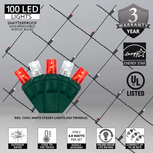 4' 6' 5mm Red, Cool White 5mm LED Christmas Net Lights, 100 Lights on Green Wire