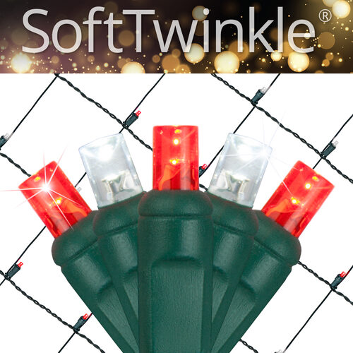 4' 6' 5mm Red, Cool White SoftTwinkle 5mm LED Christmas Net Lights, 70 Lights on Green Wire