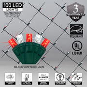 4' 6' 5mm Red, Cool White Twinkle 5mm LED Christmas Net Lights, 100 Lights on Green Wire