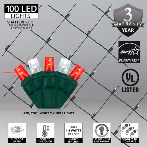 4' 6' 5mm Red, Cool White Twinkle 5mm LED Christmas Net Lights, 100 Lights on Green Wire