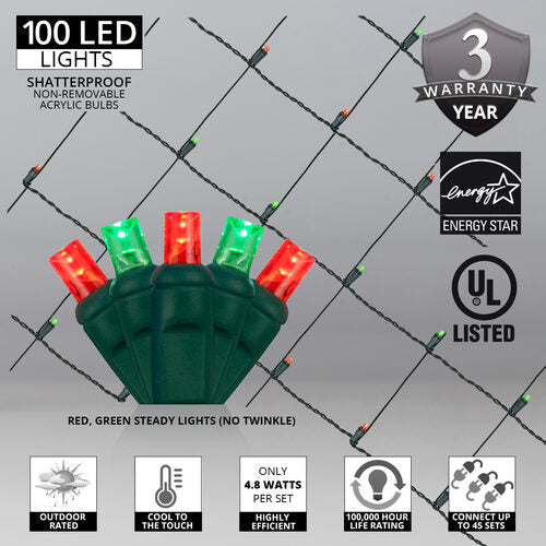 4' 6' 5mm Red, Green 5mm LED Christmas Net Lights, 100 Lights on Green Wire