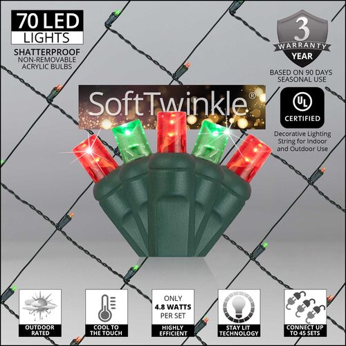 4' 6' 5mm Red, Green SoftTwinkle 5mm LED Christmas Net Lights, 70 Lights on Green Wire