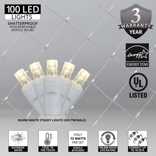4' 6' 5mm Warm White 5mm LED Christmas Net Lights, 100 Lights on White Wire
