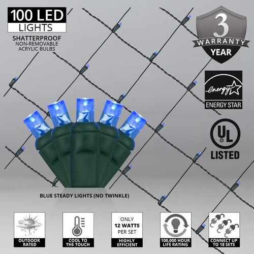 4' 6' Blue 5mm LED Christmas Net Lights, 100 Lamps on Green Wire