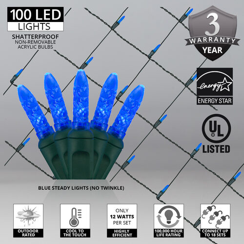 4' 6' M5 Blue M5 LED Christmas Net Lights, 100 Lights on Green Wire