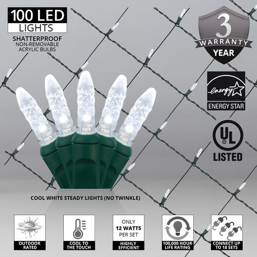4' 6' M5 Cool White M5 LED Christmas Net Lights, 100 Lights on Green Wire