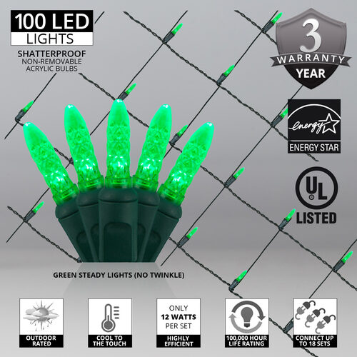 4' 6' M5 Green M5 LED Christmas Net Lights, 100 Lights on Green Wire