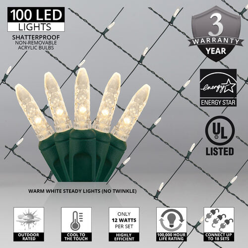 4' 6' M5 Warm White M5 LED Christmas Net Lights, 100 Lights on Green Wire