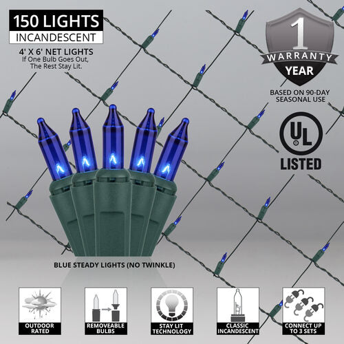 4' 6' Mini Blue Mini Christmas Net Lights, 150 Lights on Green Wire