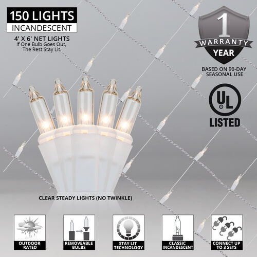 4' 6' Mini Clear Mini Christmas Net Lights, 150 Lights on White Wire