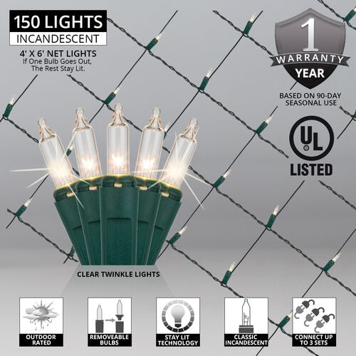 4' 6' Mini Clear Twinkle Mini Christmas Net Lights, 150 Lights on Green Wire