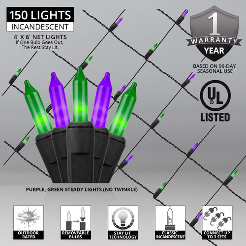 4' 6' Mini Purple, Green Mini Christmas Net Lights, 150 Lights on Black Wire