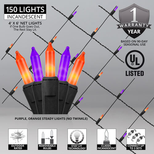 4' 6' Mini Purple, Orange Mini Christmas Net Lights, 150 Lights on Black Wire