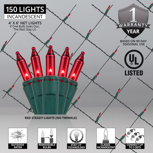 4' 6' Mini Red Mini Christmas Net Lights, 150 Lights on Green Wire