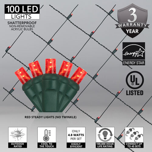 4' 6' Red 5mm LED Christmas Net Lights, 100 Lamps on Green Wire