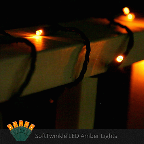 50 5mm Amber SoftTwinkle LED Christmas Lights, Green Wire, 4" Spacing