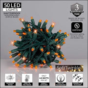 50 5mm Amber SoftTwinkle LED Christmas Lights, Green Wire, 4" Spacing