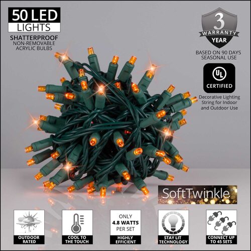 50 5mm Amber SoftTwinkle LED Christmas Lights, Green Wire, 4" Spacing