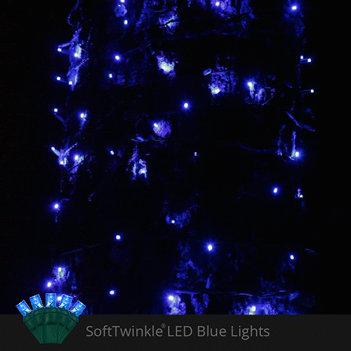50 5mm Blue SoftTwinkle LED Christmas Lights, Green Wire, 4" Spacing